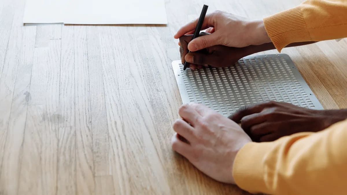Adult guiding another in learning Braille writing indoors, hands close-up.