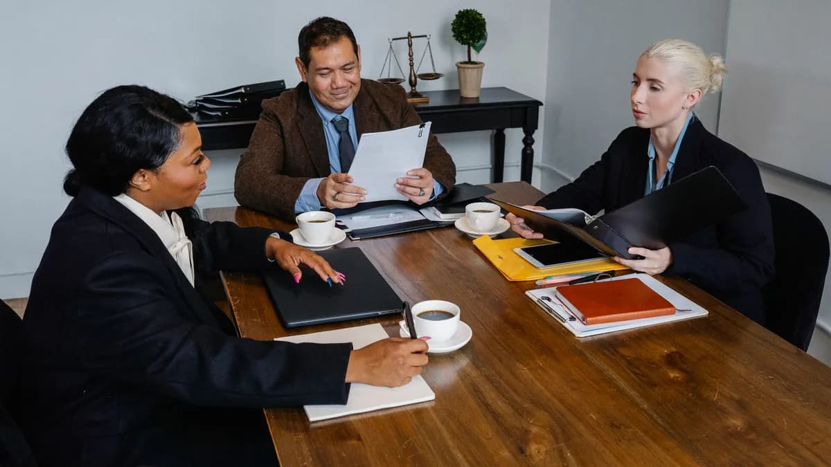 Group of diverse coworkers in formal suits discussing business issues during meeting in office