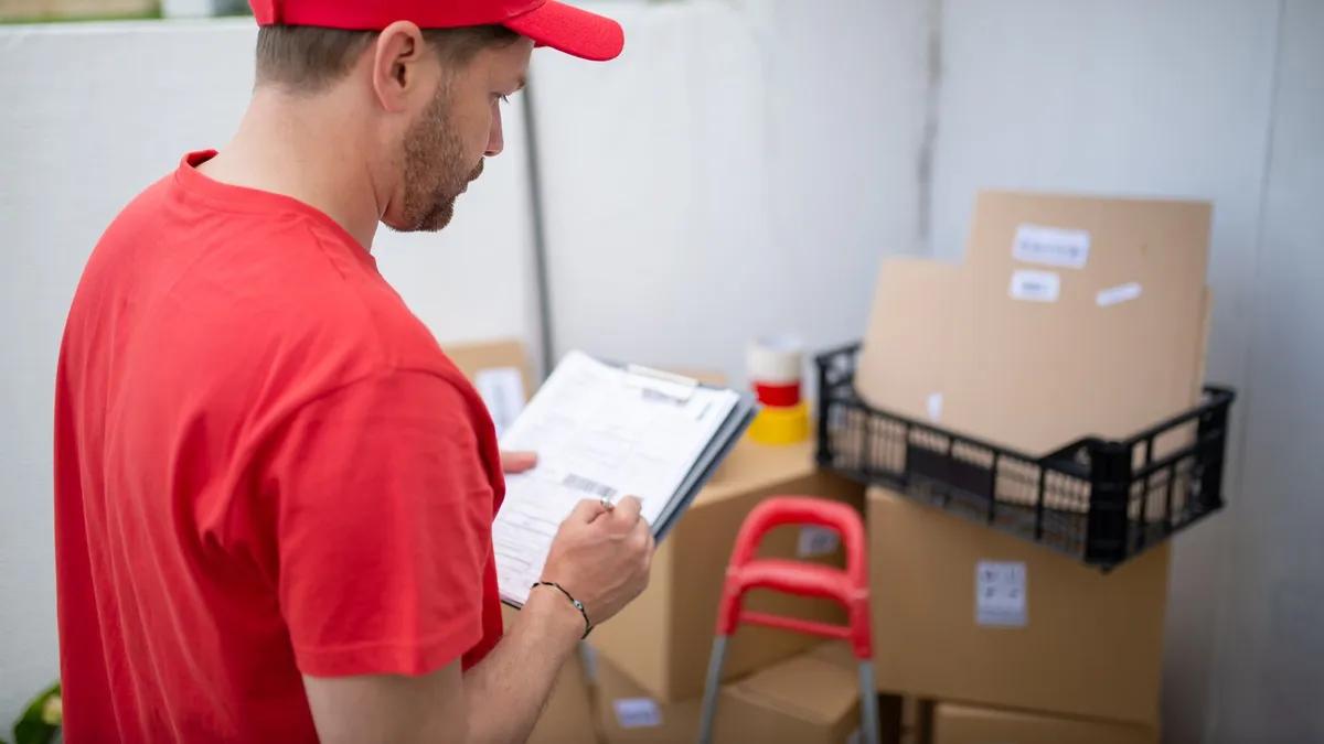 Delivery person in red uniform checks packages. Outdoor location, Portugal.