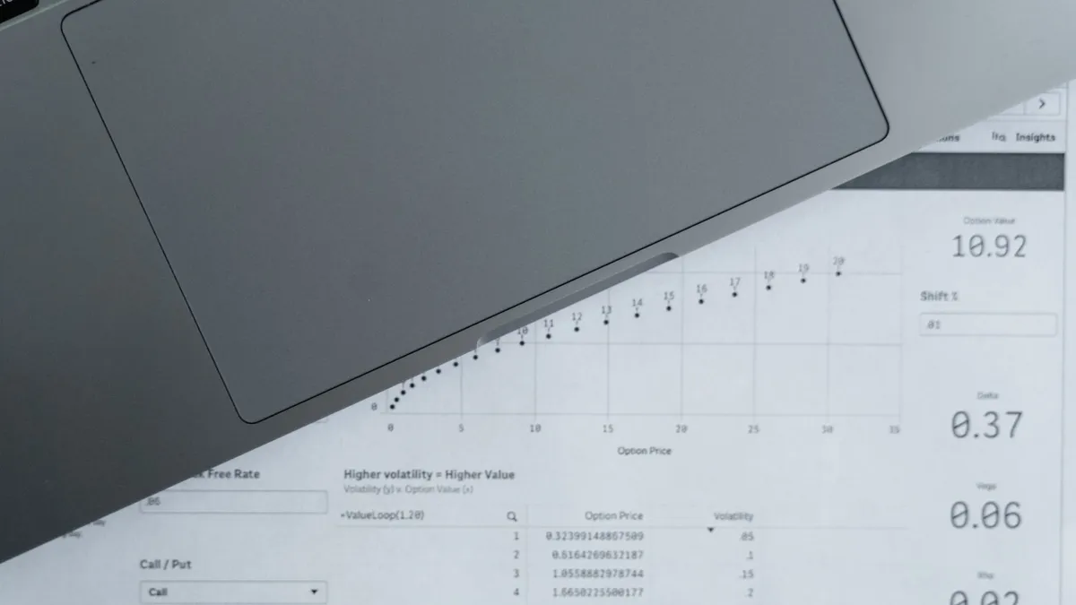 A top-down view of analytical data sheets and a laptop, ideal for business analysis themes.