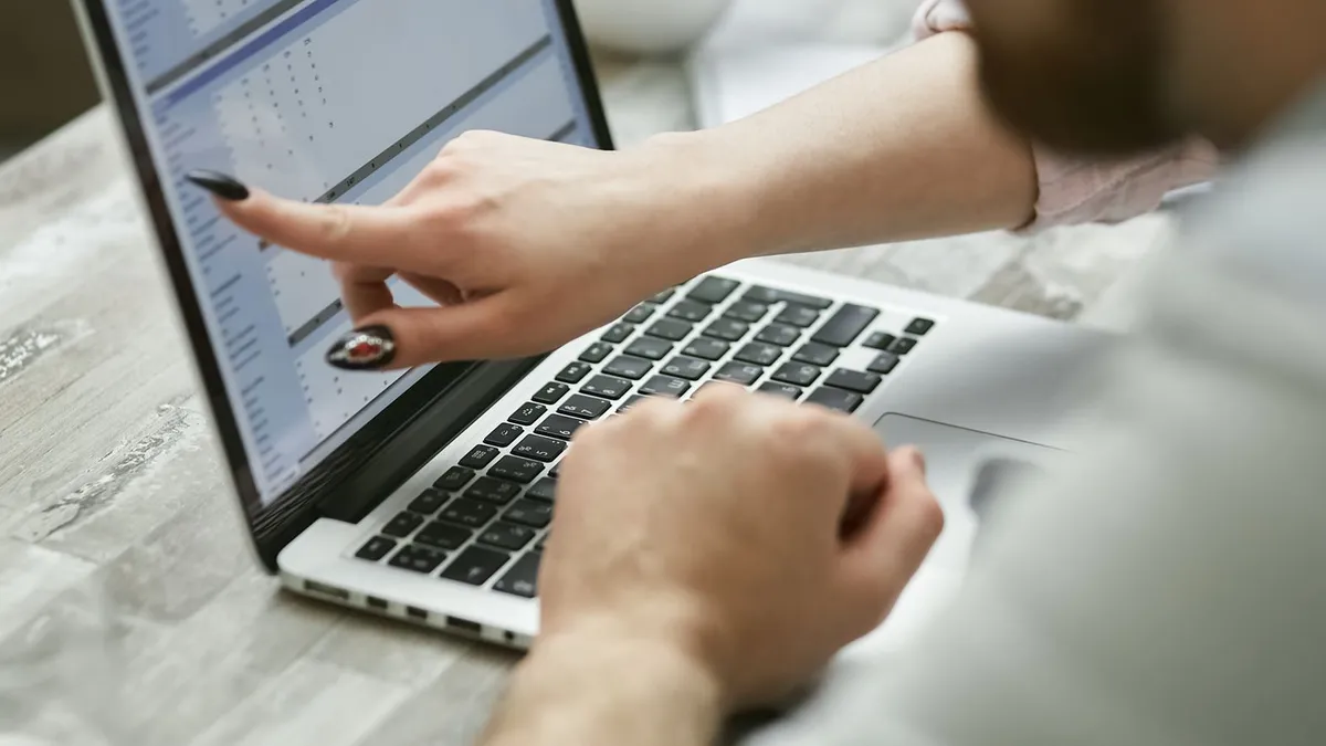 Two people working on a laptop analyzing data, pointing at screen.