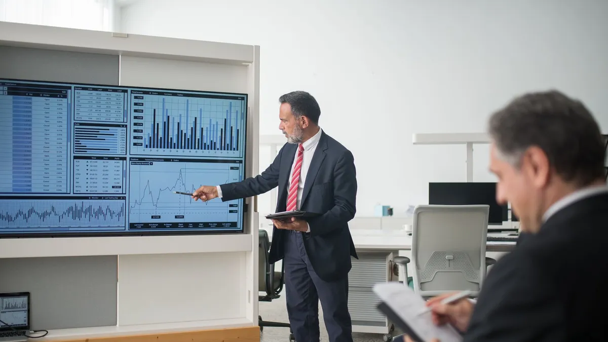 Professional conducts data analysis presentation in a modern office setting.