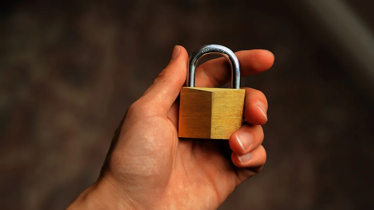 Hand holding a brass padlock, symbolizing security and protection