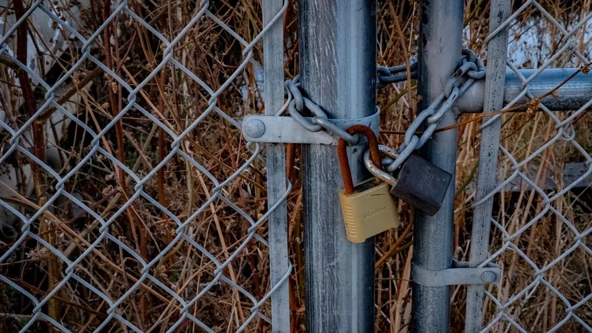 A close-up of a chain link fence with padlocks securing it, symbolizing high security outdoors.