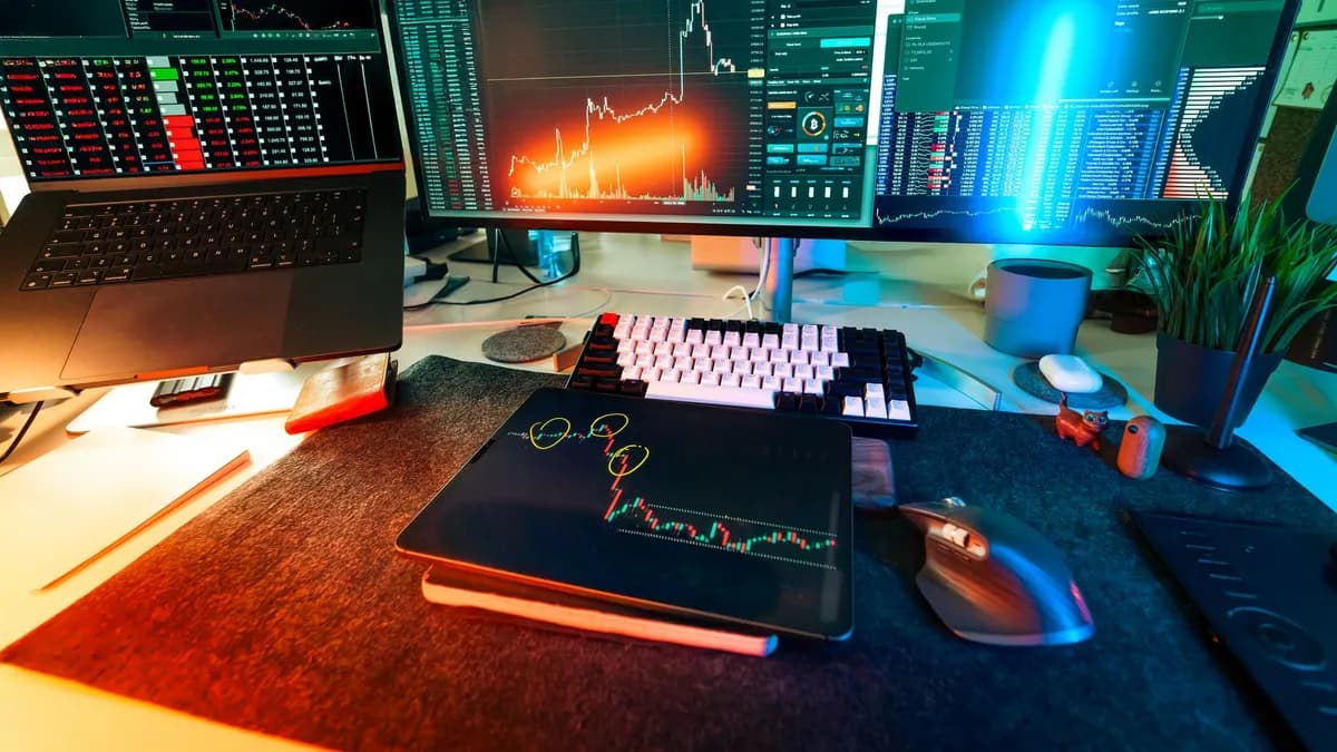 Vibrant trading setup with multiple screens displaying cryptocurrency charts and data analysis tools.