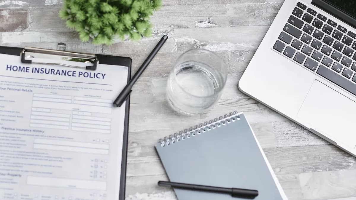 Flat lay of a workspace with a home insurance policy, laptop, and notebook on a desk.