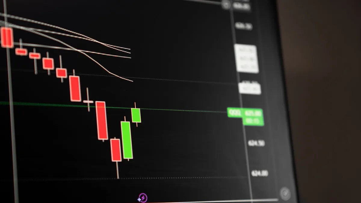 Candlestick chart showing a downward trend in the stock market analysis.