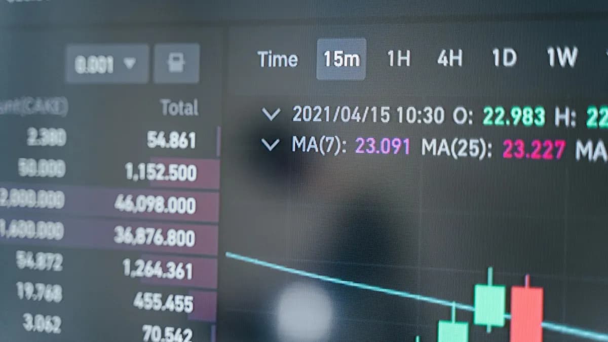 Close-up of a cryptocurrency trading screen displaying real-time data, graphs, and analytics.