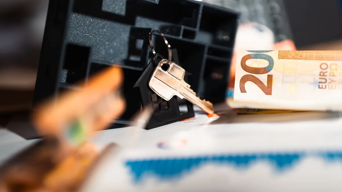 Keys with a house model, Euro bills, and charts suggesting real estate and financial themes.