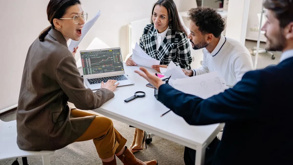 A diverse group of young professionals discussing finances using a laptop in an office setting.