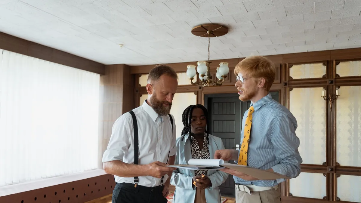 A diverse group of professionals engaged in a discussion over documents in a modern office setting.