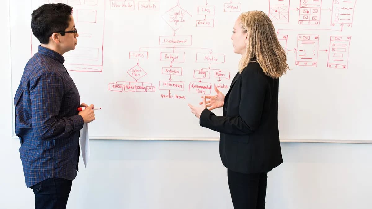Two professionals brainstorming digital marketing ideas on a whiteboard.