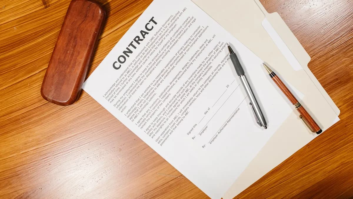 High-angle view of a contract document with pens and a case on a wooden table.