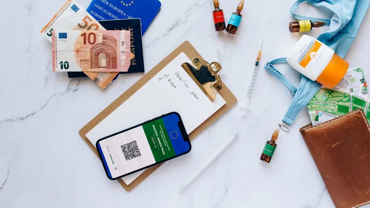 Flat lay of travel essentials including vaccination passport, euros, and medical supplies.