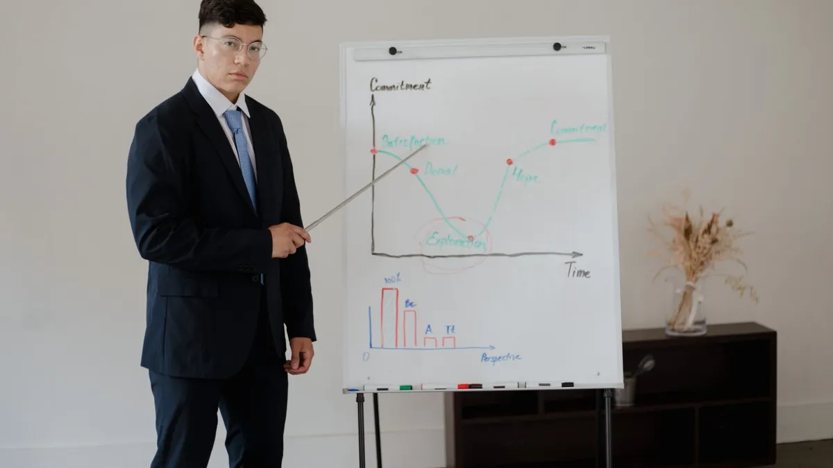 Young professional presenting commitment and progress chart in a business setting.