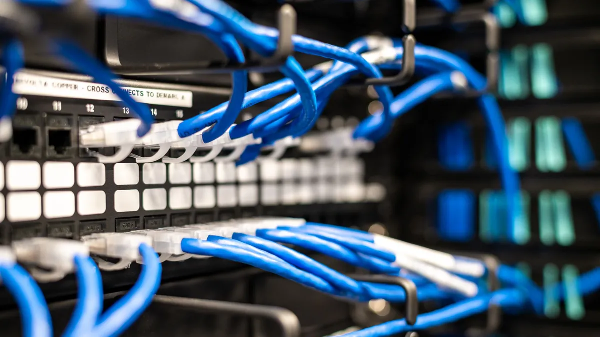 Blue plastic wires with white tips connected to server and provide access to information