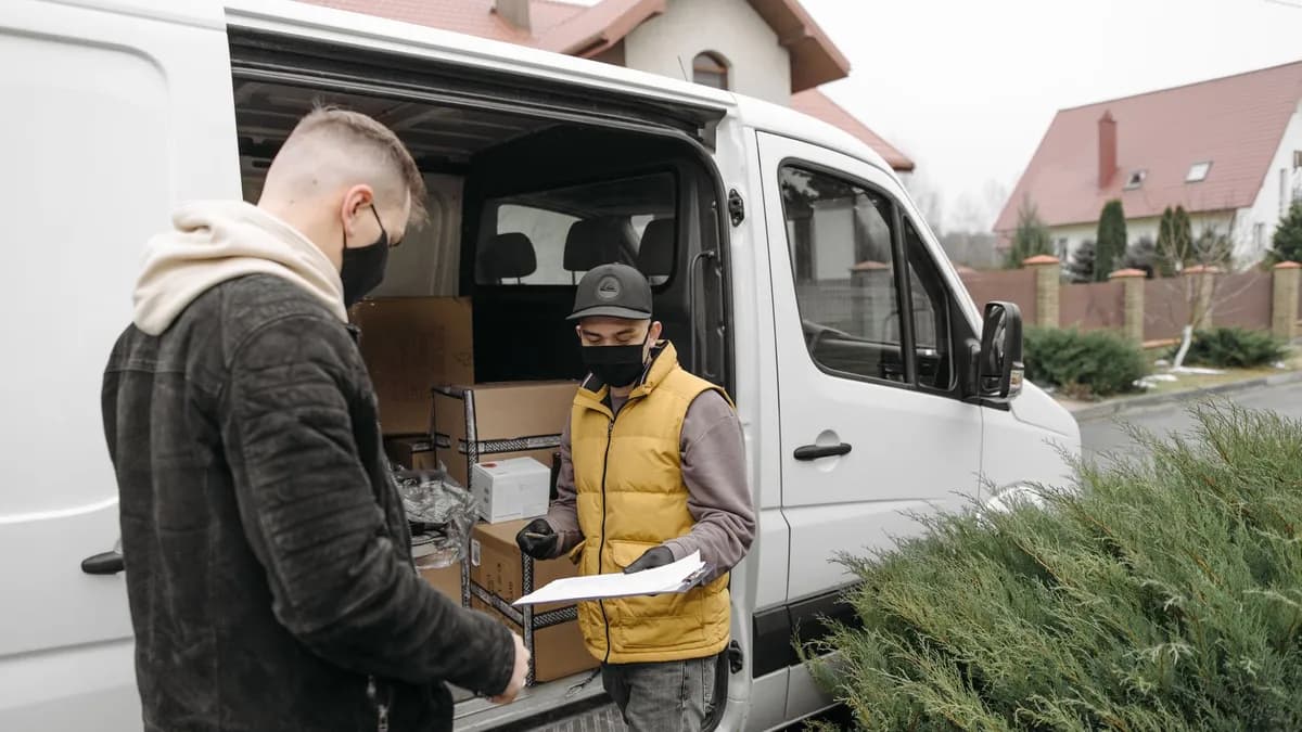 Masked deliveryman hands over parcel to customer at van during contactless delivery.