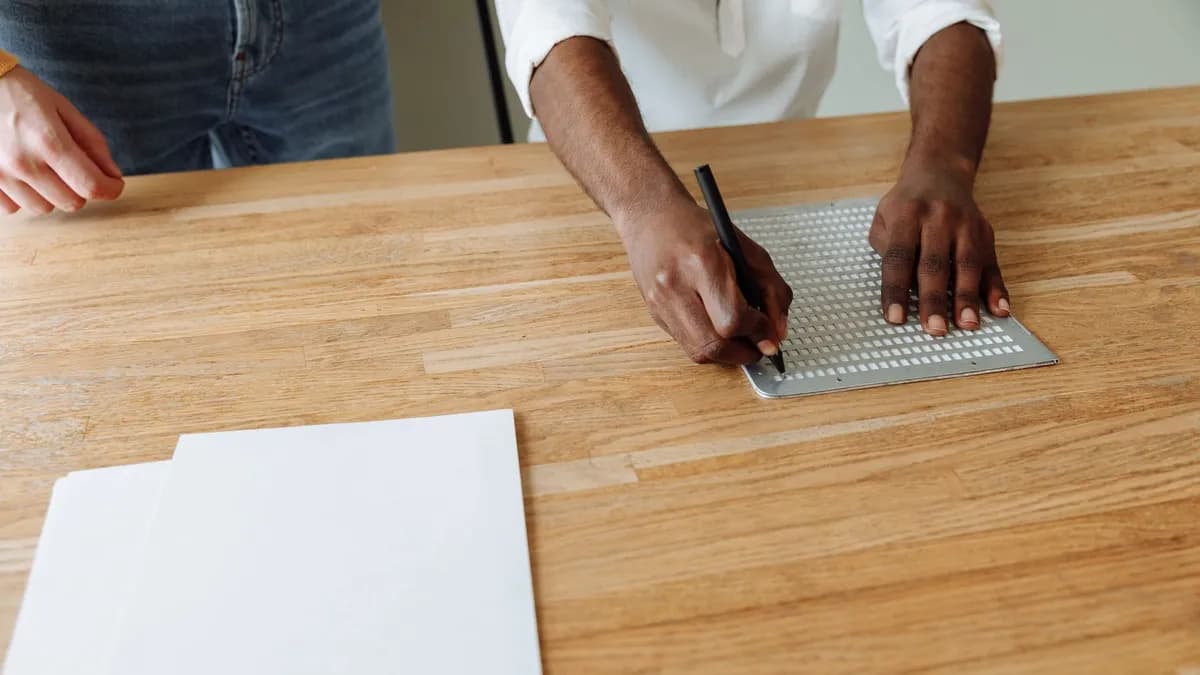 Close-up of hands using a slate and stylus to write Braille on paper.