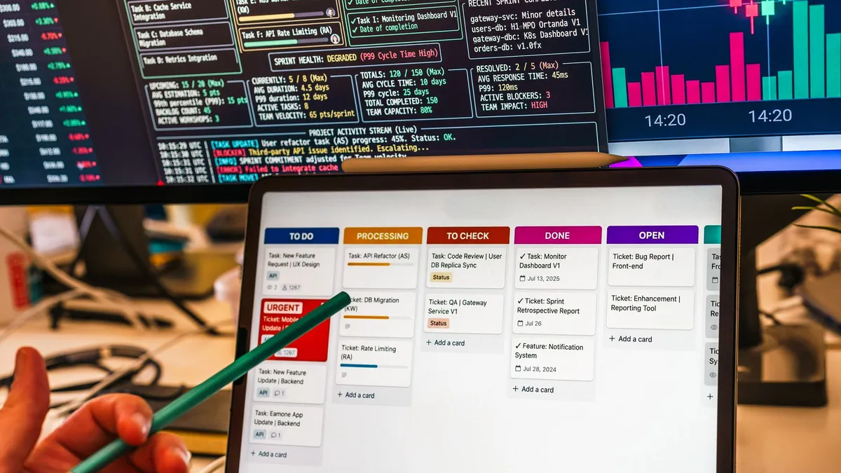 Detailed view of a business workflow setup with tablet and multiple screens displaying data charts.